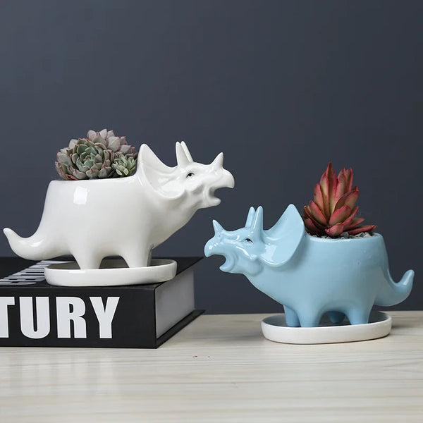 Ceramic Triceratops Planter with Tray