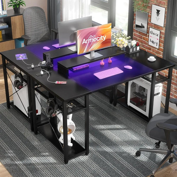 Computer Desk with LED Lights,Reversible Large Desk with Power Outlet and USB