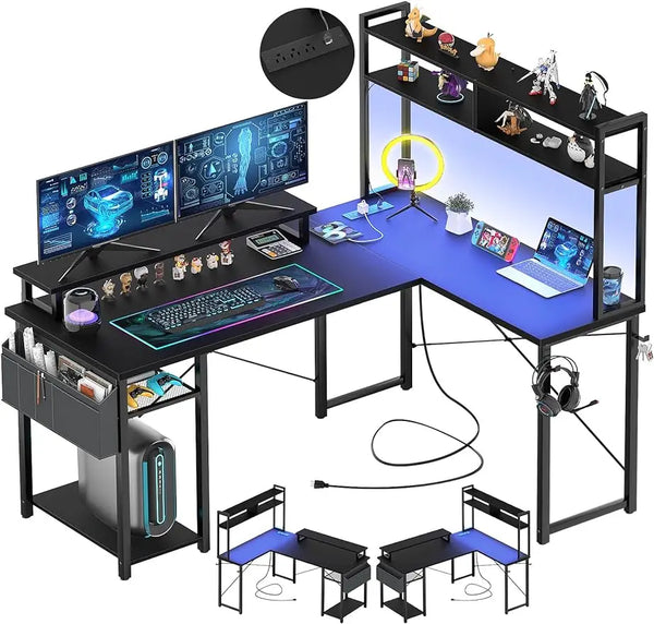 Small L Shaped Gaming Desk with LED Lights & Power Outlets