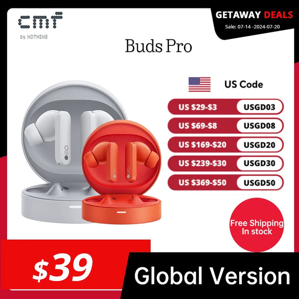 Global Verison CMF by Nothing Buds Pro with 45 dB ANC Ultra Bass Technology up to 39 hours of battery life Bluetooth earphone