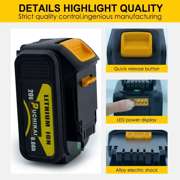 20V 6Ah lithium-ion battery pack, ,Used to replace the original power tool battery,suitable for Dewalt DCB184 DCB200 DCB182