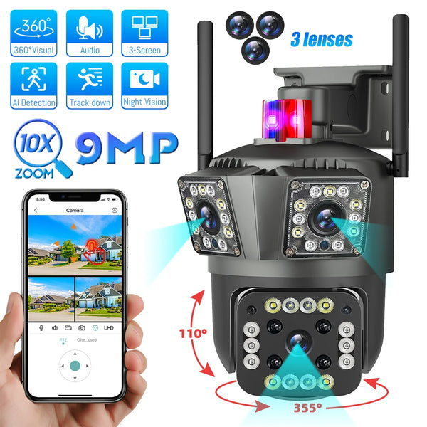 9MP 3Lensens Outdoor Camera 10X Zoom Wireless Security Surveillance Camera AI Human Tracking Audio HD Night Color Camera