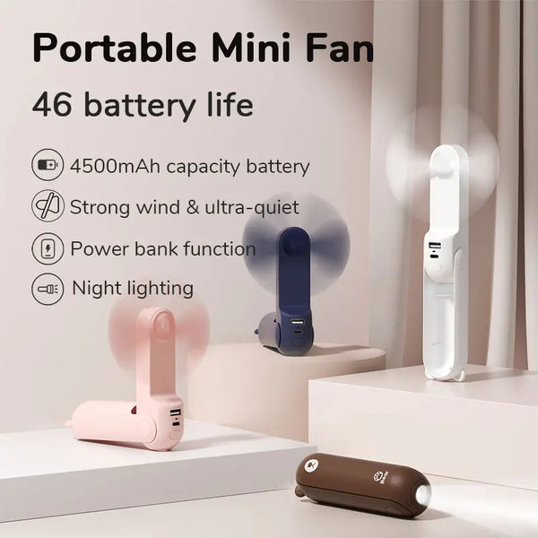 JISULIFE Portable Fan Mini Handheld Fan USB 4500mAh Recharge Hand Held Small Pocket Fan with Power Bank Flashlight Feature