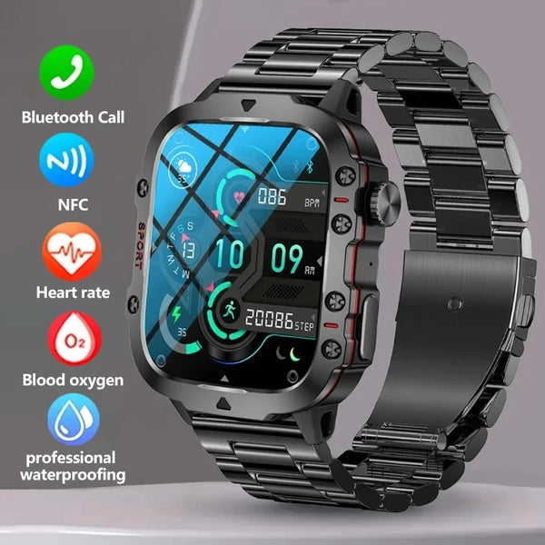 Rugged Military Smart Watch For Men AI Voice Bluetooth Call Heart Rate Health Monitoring Ip68 Waterproof Ftiness Smartwatch 2024