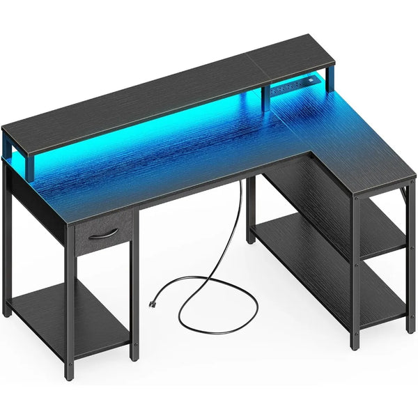 47 inch Reversible L Shaped Desk with LED Lights & Power Outlets