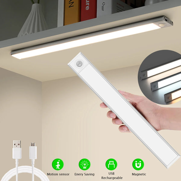 3 Colors LED Motion Sensor Under Cabinet Night Light USB Rechargeable Closet Wardrobe Lamp Kitchen Lighting Magnetic LED Light